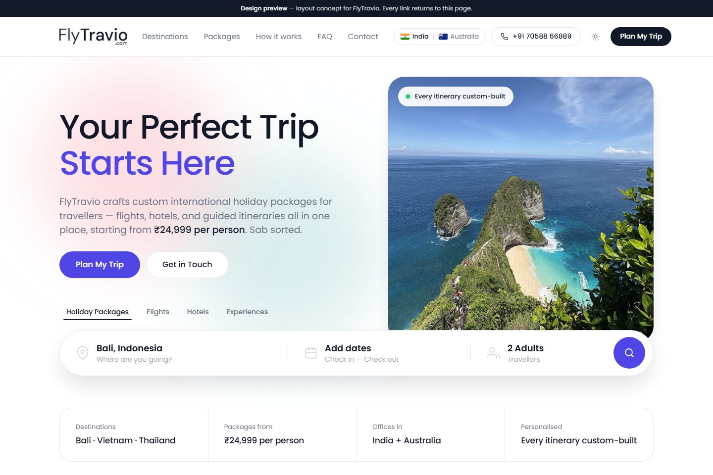 Demo 1 homepage: bright white layout with a large 'Your Perfect Trip Starts Here' headline, a Bali cliff photo and a booking search bar.