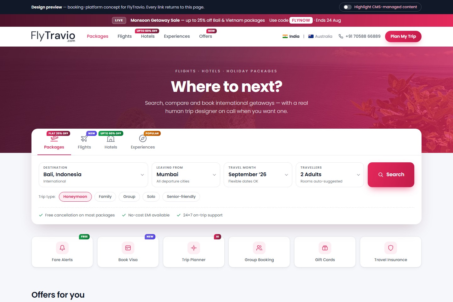Demo 3 homepage: a crimson sale banner and 'Where to next?' hero above a white search card with tabs for packages, flights, hotels and experiences, each carrying a coloured offer tag.